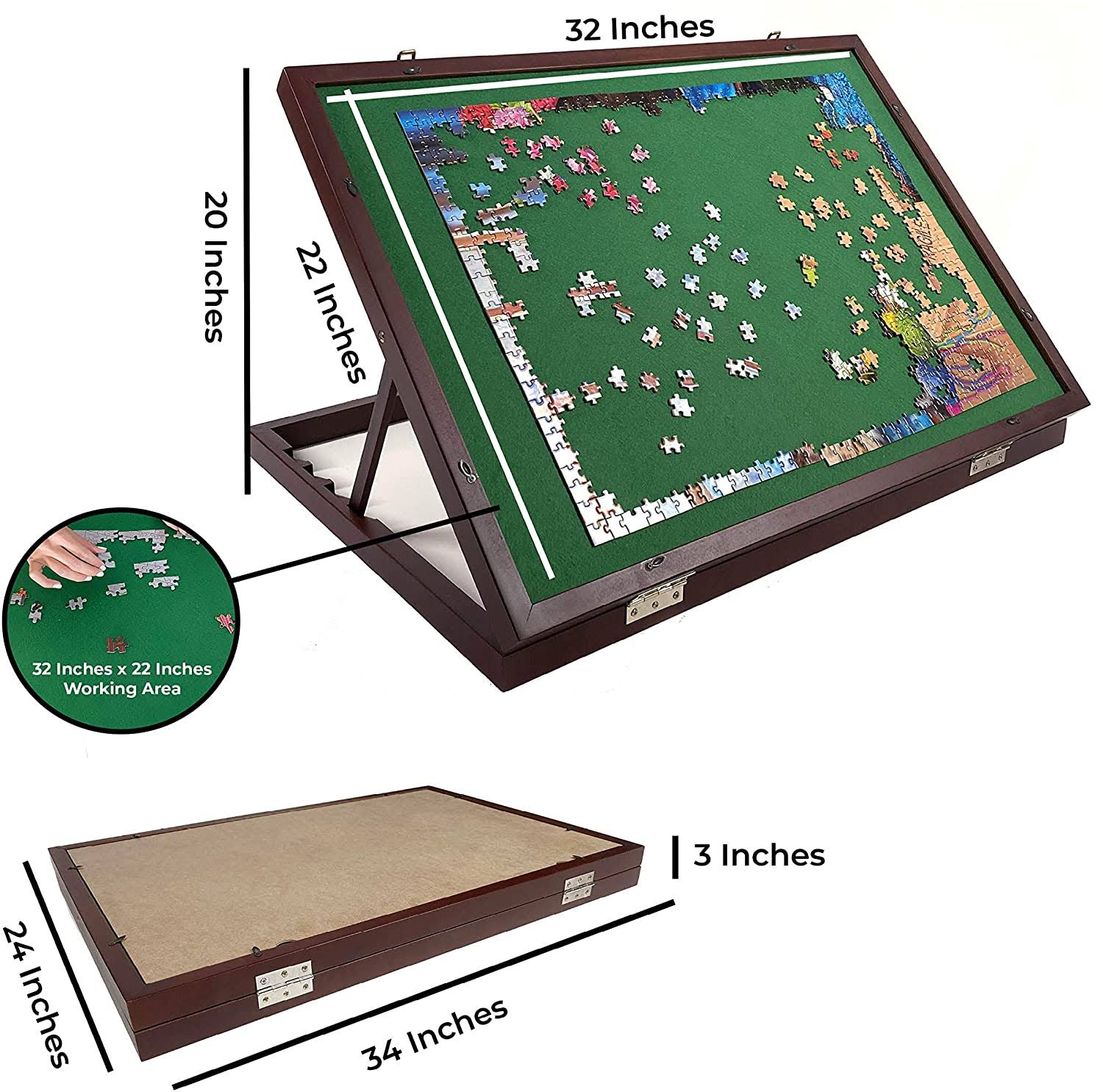 Mary Maxim Adjustable Wooden Jigsaw Puzzle Table - Puzzle Tables for Adults - Puzzle Storage Board - Felt Mat 32” x 22” - Puzzle