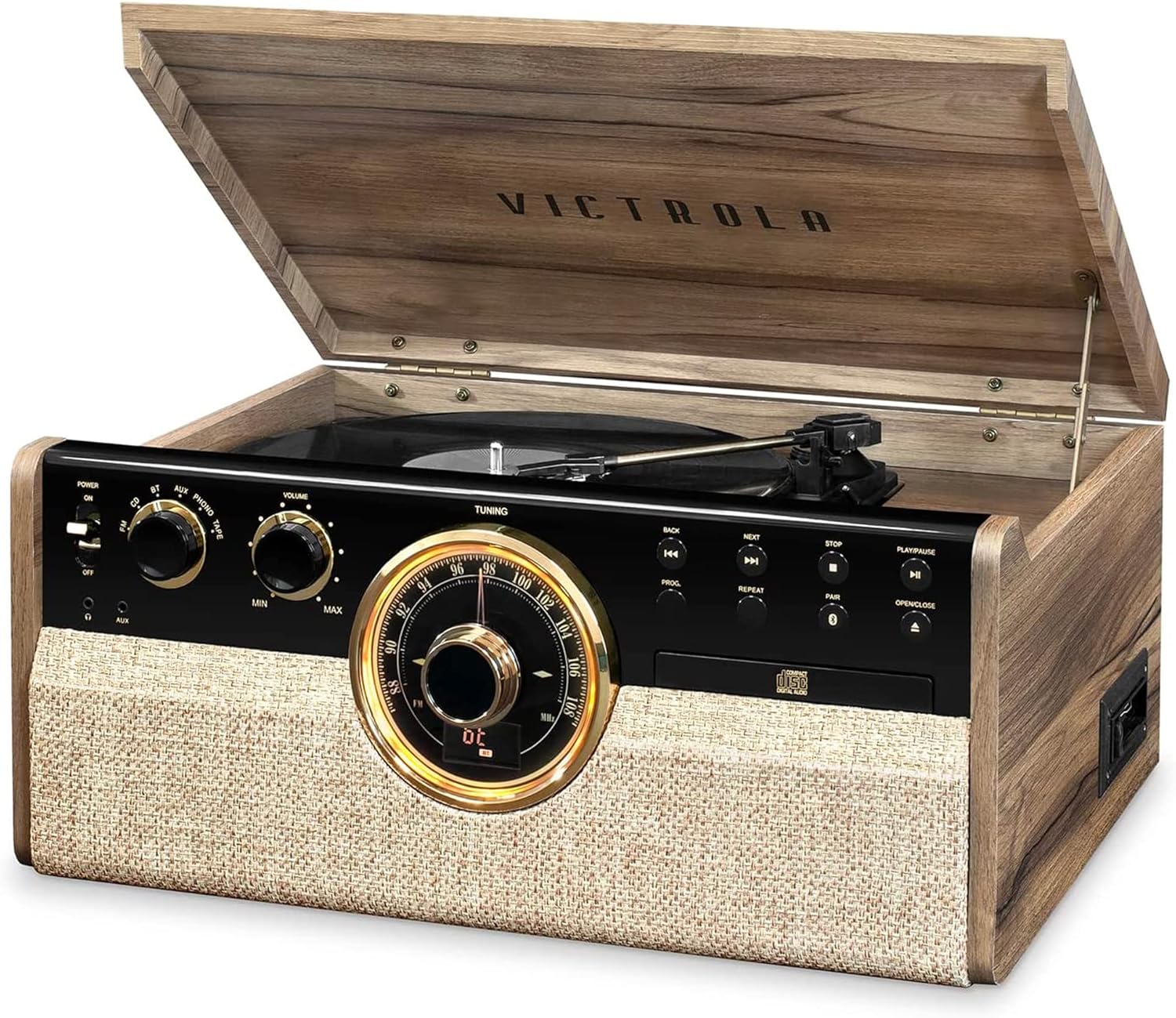 Victrola VTA-270B-FNT Empire Bluetooth 6 in 1 Music Center (33/45/78) (Farmhouse Walnut) and Victrola 3 Pack Turntable Replacement Needles