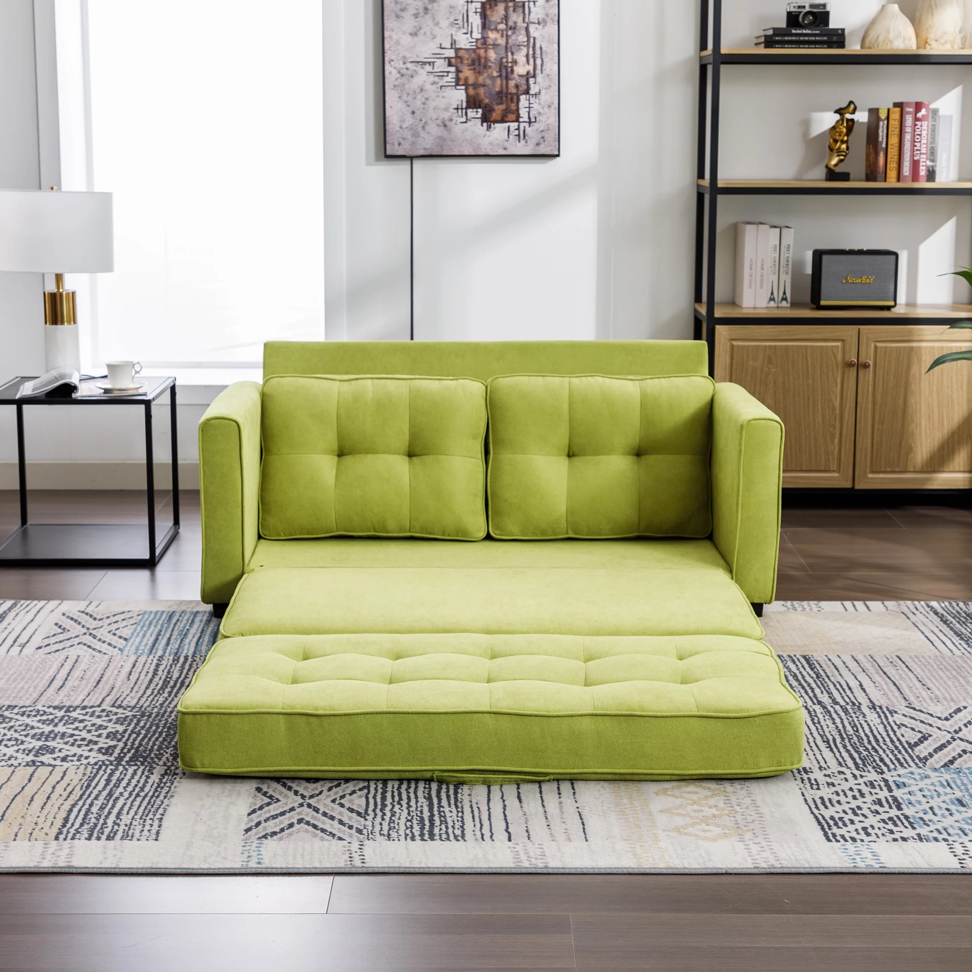 Churanty Convertible Sofa Bed Pull Out Sleeper Loveseat Sofa Chenille Upholstered Couch with Side Pockets for Small Space,Green - Curated Treasures Market