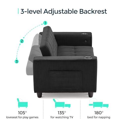 LINSY 3-in-1 Convertible Sofa Bed, 54" Pull Out Sleeper Sofa with Charging Station & Cup Holder, Small Folding Loveseat with Side Pocket for Small Space, Corduroy Couch, Green