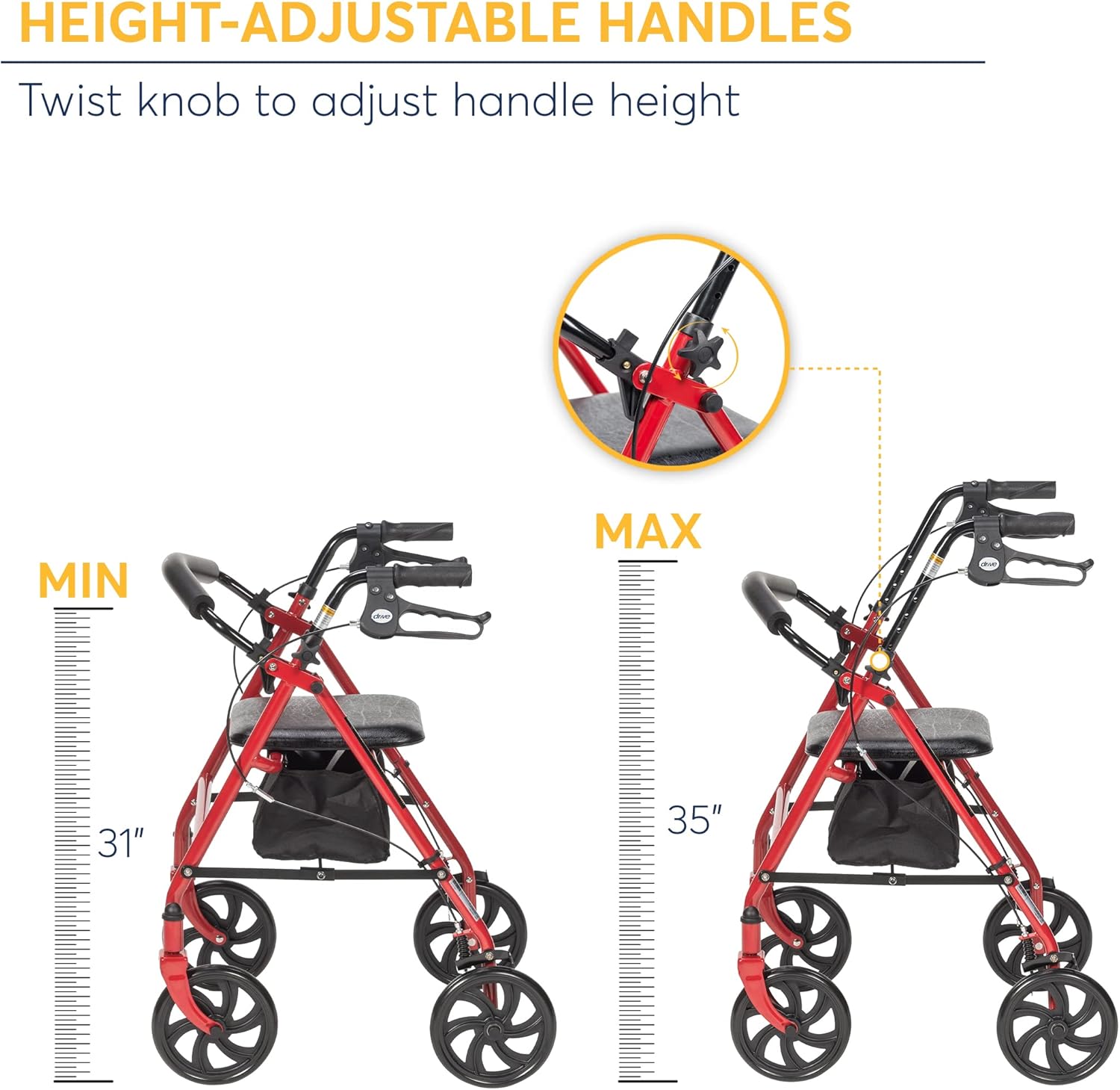 Drive Medical 10257RD-1 4 Wheel Rollator Walker with Seat, Steel Rolling Walker, Height Adjustable & 11148-1 Folding Steel Bedside Commode Chair, Portable Toilet