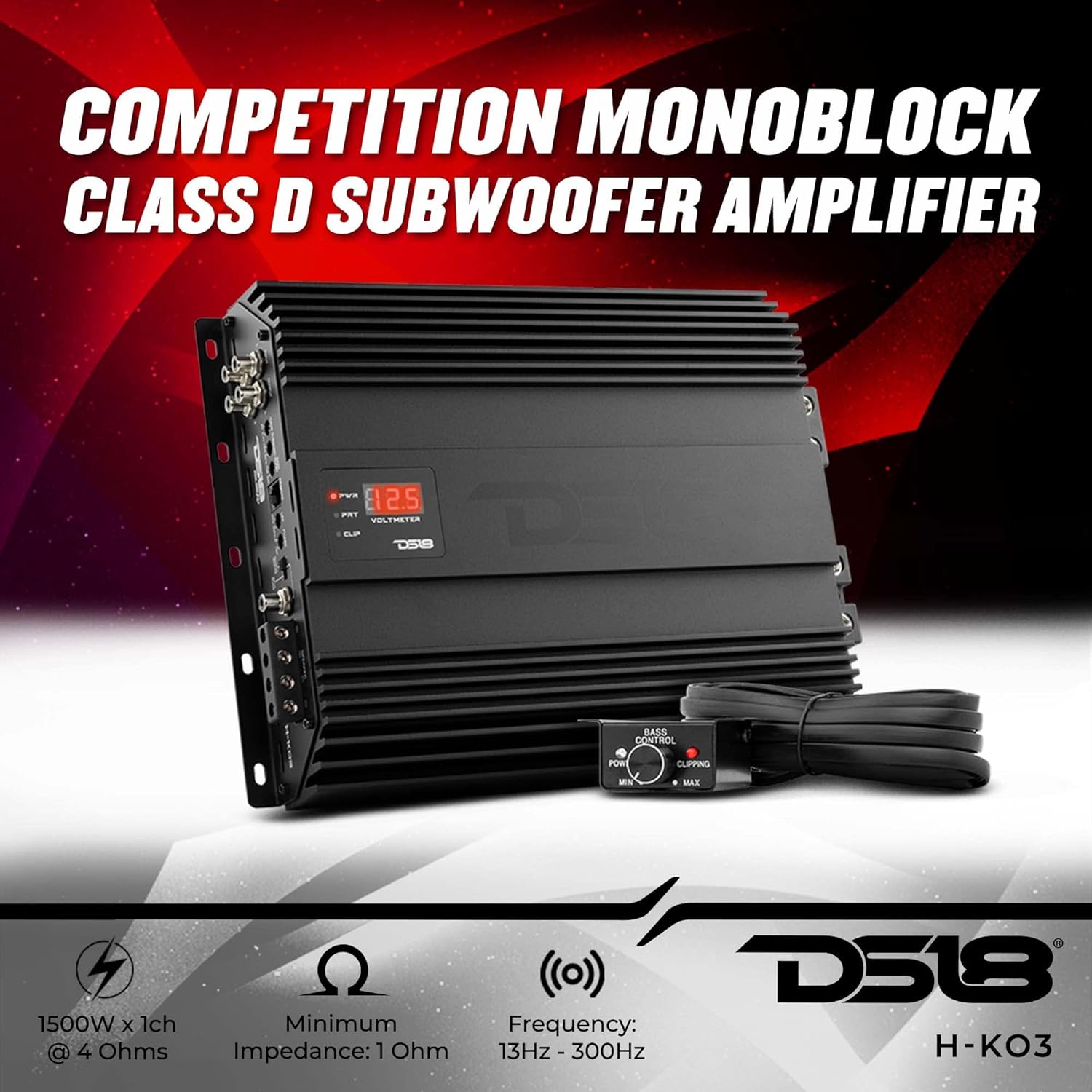 DS18 H-KO3 Korean Half Bridge 1-Channel Monoblock Car Audio Amplifier with Voltmeter and Clip Indicator, 3000 Watts Rms - Remote BASS Knob Included