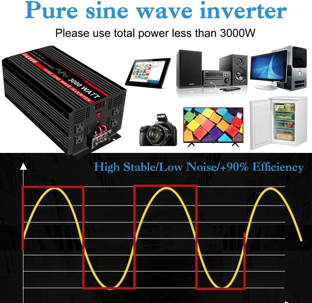 JIGUUN 3000 Watt/6000 Watt Pure Sine Wave Inverter, Power Converter 12V DC to 110v/120v AC, Car Inverter with 4 AC Outlets&USB Port 170ft Wireless Remote Control for RV Camping Truck(3000W-12V)