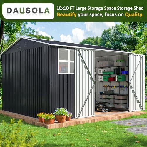 10x10 FT Outdoor Storage Shed, Metal Garden Tool Shed with Updated Frame Structure, Lockable Doors and Windows, Ideal for Backyard Garden Patio Lawn, Grey