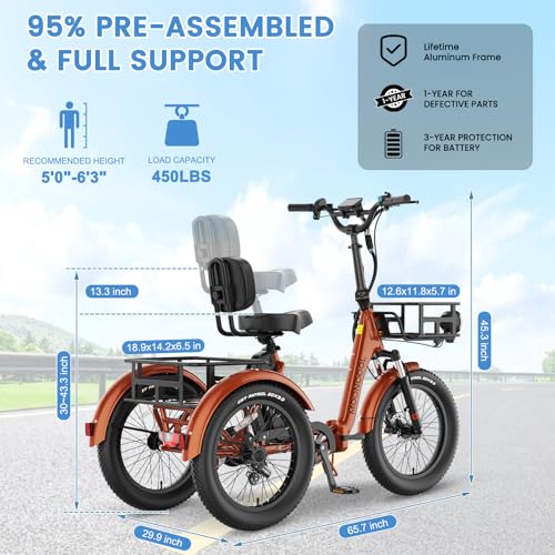 MOONCOOL Electric Trike, Electric Tricycle for Adults, 20" Folding 3 Wheels Electric Bicycle Bikes, 48V 500W/750W Motorized Electric Ebike with Aluminum Frame, Removable Battery and Basket
