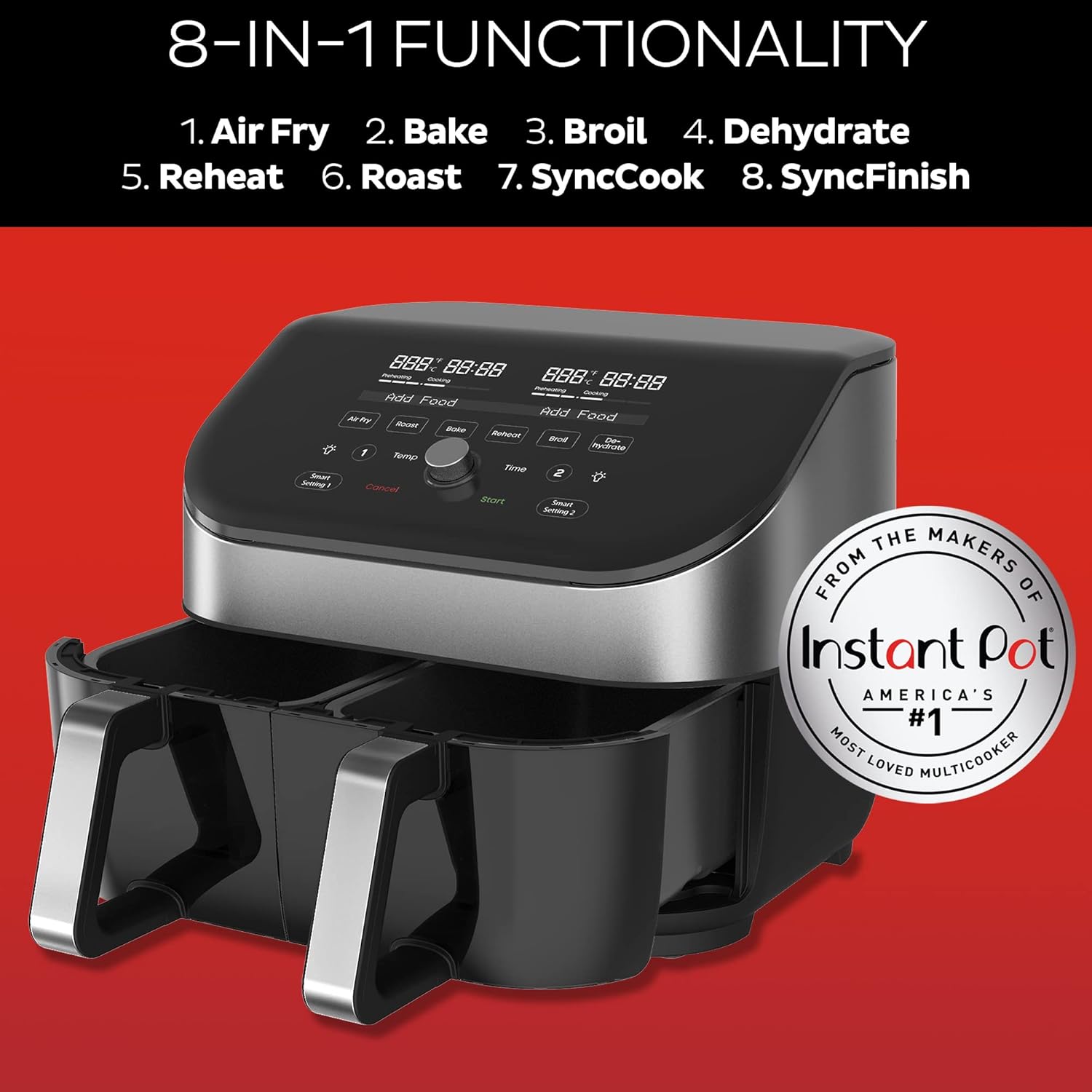 Instant Vortex Plus XL 8 Quart 8-in 1 Dual Basket Double Air Fryer with ClearCook™ Easy View Windows and SyncCook™ Technology, Air Fry, Roast, Broil, Bake, Reheat, Dehydrate, 1700W, Stainless Steel