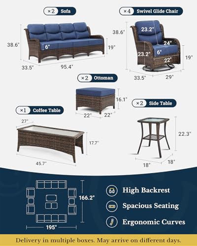 Luxury Patio Furniture Set with 6-inch Thick Cushion, Outdoor Couch and High Back Swivel Rocker Patio Chairs, 7PCS Wicker Conversation Set for Deck, Yard, and Poolside in Blue (V2)