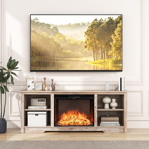 COSTWAY Electric Fireplace TV Stand for TVs up to 75 Inches, 1500W Heater Insert with Remote Control, 3 Flame Colors, 70-inch Wooden Entertainment Center with Adjustable Shelves, Black