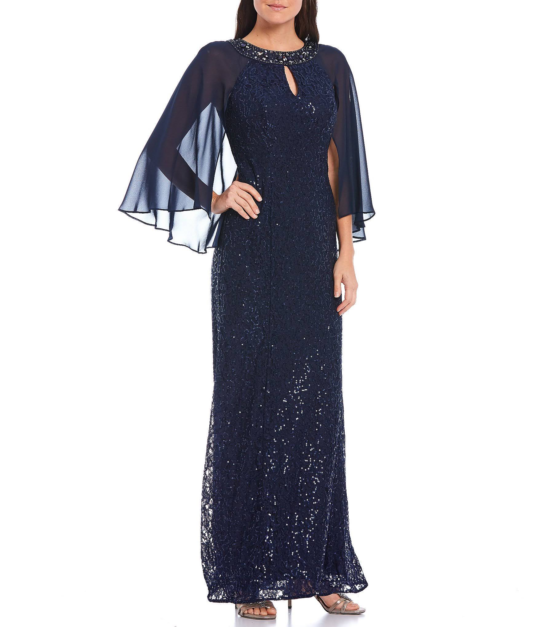 SL Fashions Sequined Cape Gown - 8 / Navy