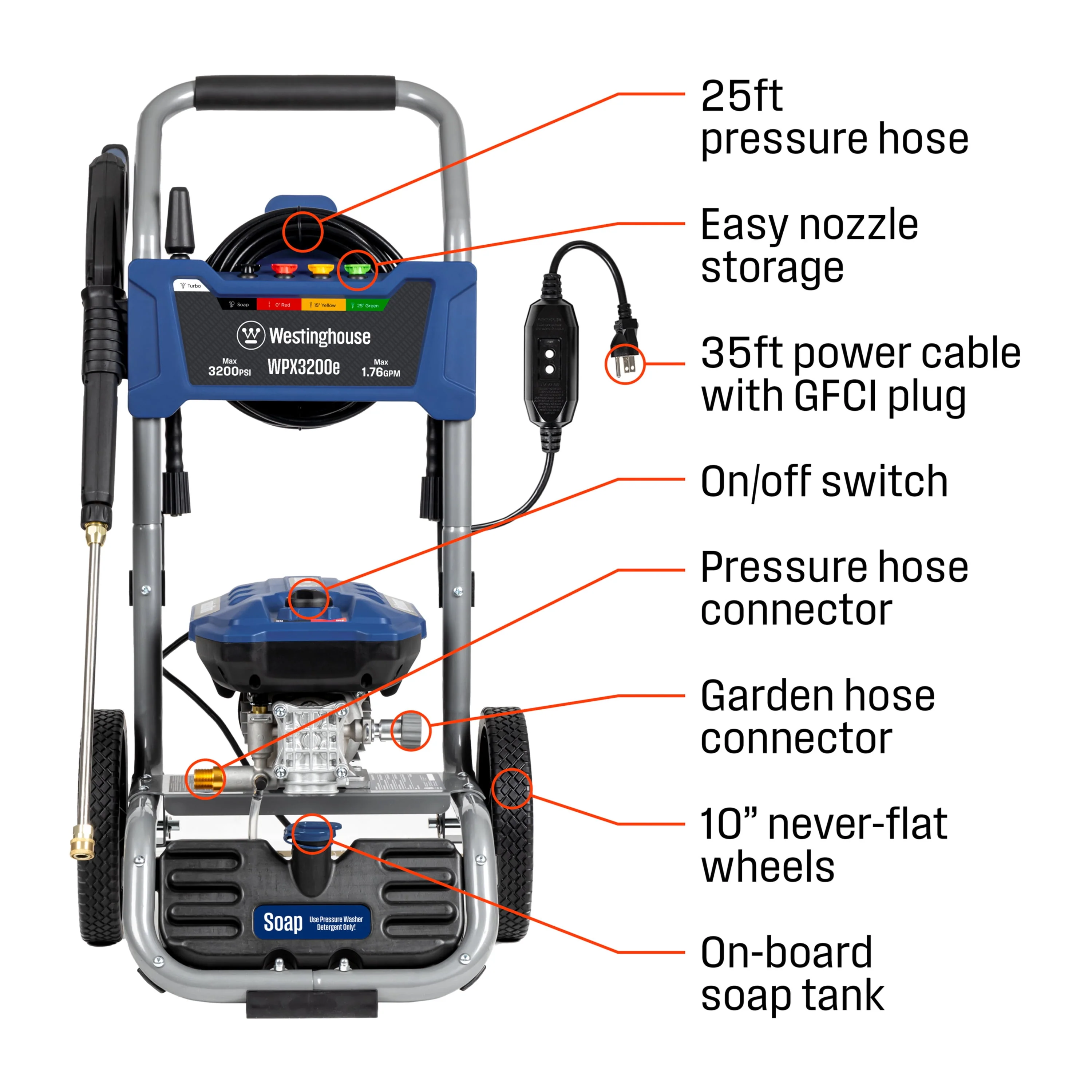 Westinghouse 2300 Max PSI Electric Pressure Washer, 1.76-GPM, Soap Tank, 5 Nozzles