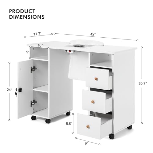 Artist hand Manicure Table, Nail Table, Nail Beauty Manicure Desk, Wrist Cushion, Lockable Wheels, Storage Drawers, Electric Downdraft Vent, White