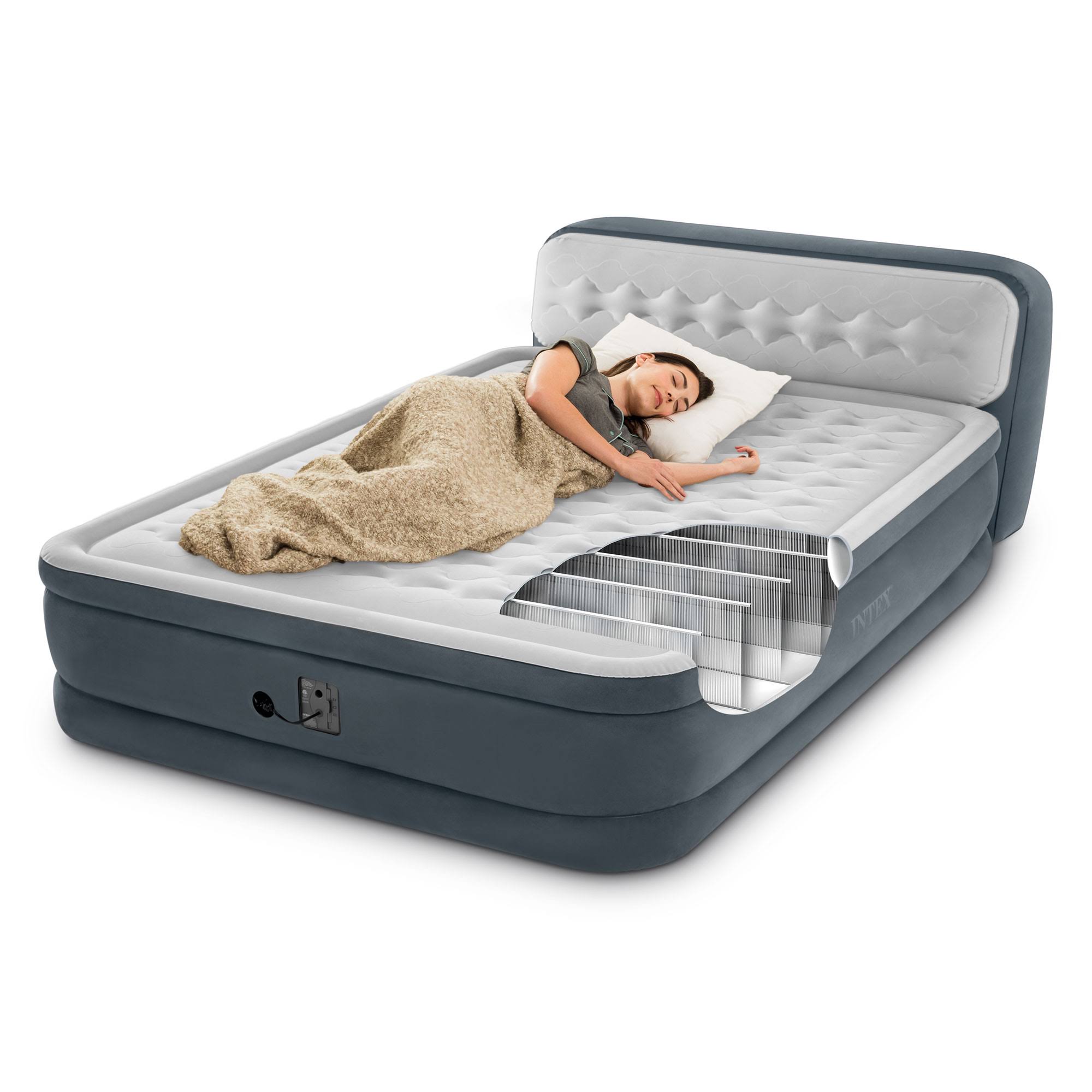 Intex Dura Beam Deluxe Airbed with Built in Pump u0026 Ultra Plush Headboard, Queen