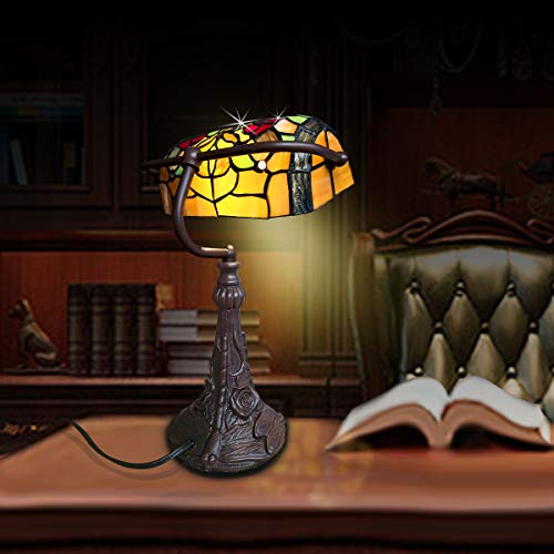 Tiffany Lamp Stained Glass Table Lamp for Living Room Side Dragonfly Piano Lamp Small 15.5" Tall Bedroom Bedside Table Lamp Chain Switch Banker's Home Office Desk Light Farmhouse Lamps