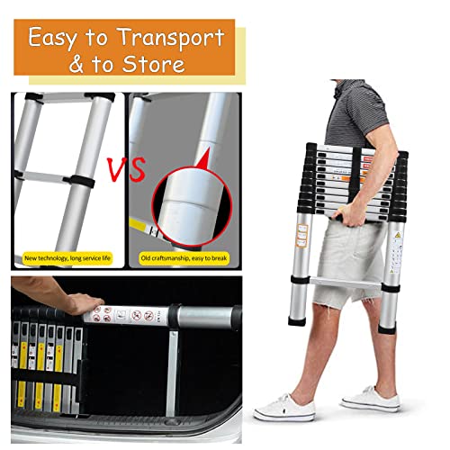 Telescoping Ladder 20.3ft Aluminum Extension Folding Ladder with 2 Hooks, 330lbs Max Load, with Anti-Slip Rubber Feet, Folded Height 3.4ft, Weight 36lbs, Portable Attic Ladder Easy to Transport