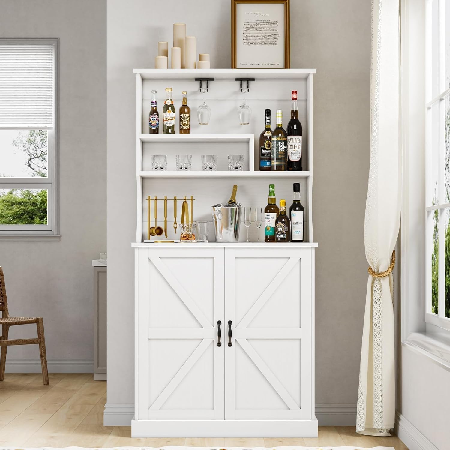 4 EVER WINNER Farmhouse Coffee Bar Cabinet with Hutch & Wine Rack, 73.5” Kitchen Buffet Storage Cabinet with Barn Doors, Adjustable Shelf, Tall Coffee Bar Buffet Cabinet for Dining Room, White