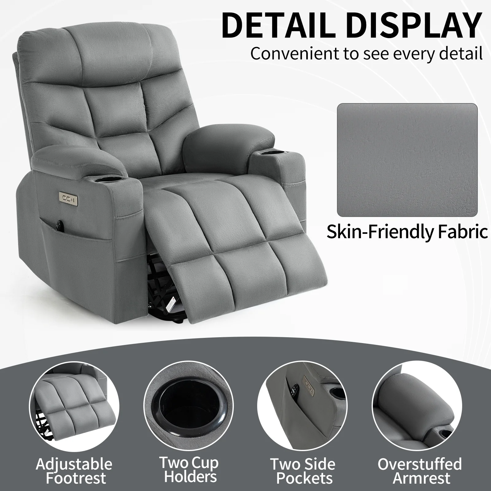 Power Lift Recliner Chair for Elderly with Removable Cover,Extra Wide Recliner Massage Chair for Big and Tall People with Heated,USB Charge Port,Cup Holders(Grey)