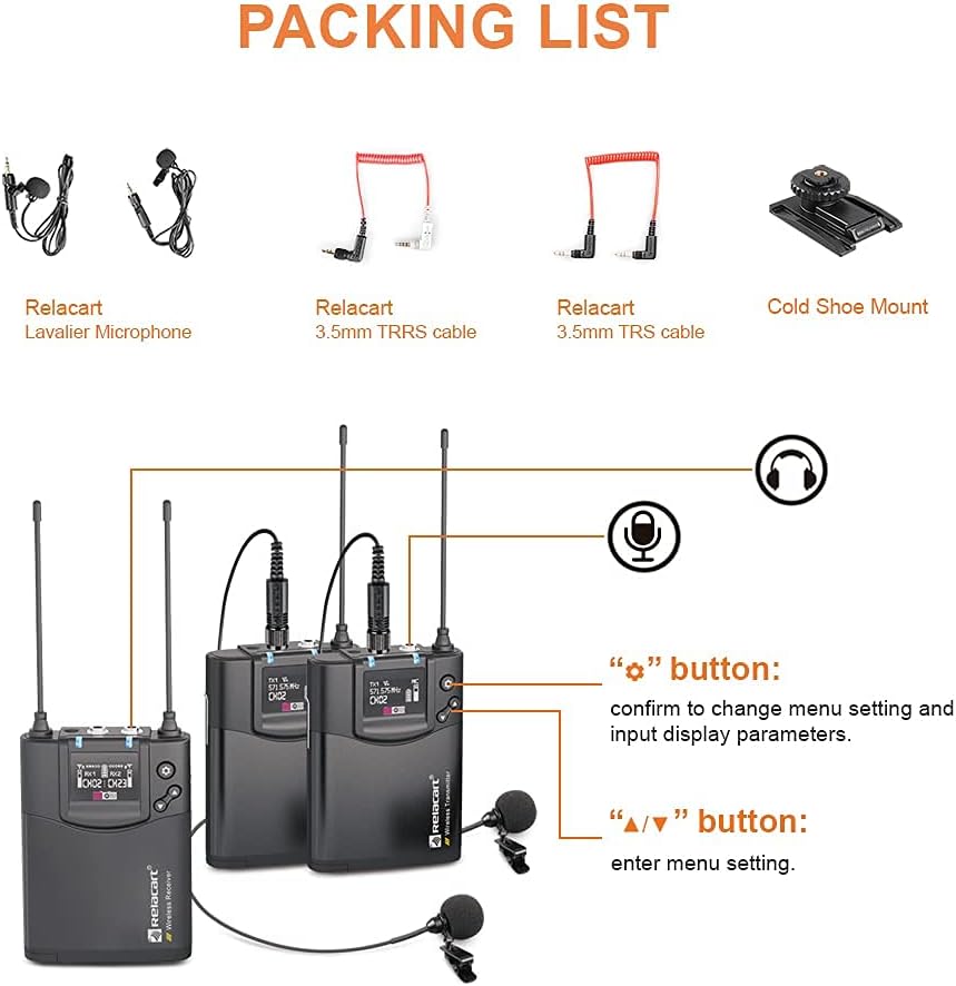 RELACART CR2 UHF Wireless Lavalier Microphone, 32 Channels Wireless Lapel Mic System Compatible with DSLR, Camera, Camcorder, Smartphone for Vlogging, Streaming, YouTube, Tiktok