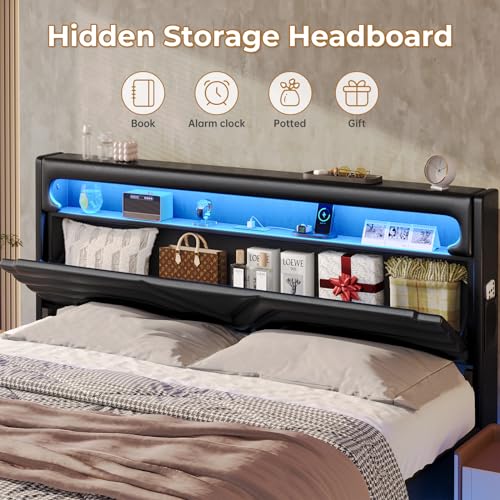 Queen Floating Bed Frame with RGB LED Lights Headboard, USB-C/A Power Combo, Linen Upholstered Platform Bed with Storage Headboard, Innovative Stable Structure, Dark Gray
