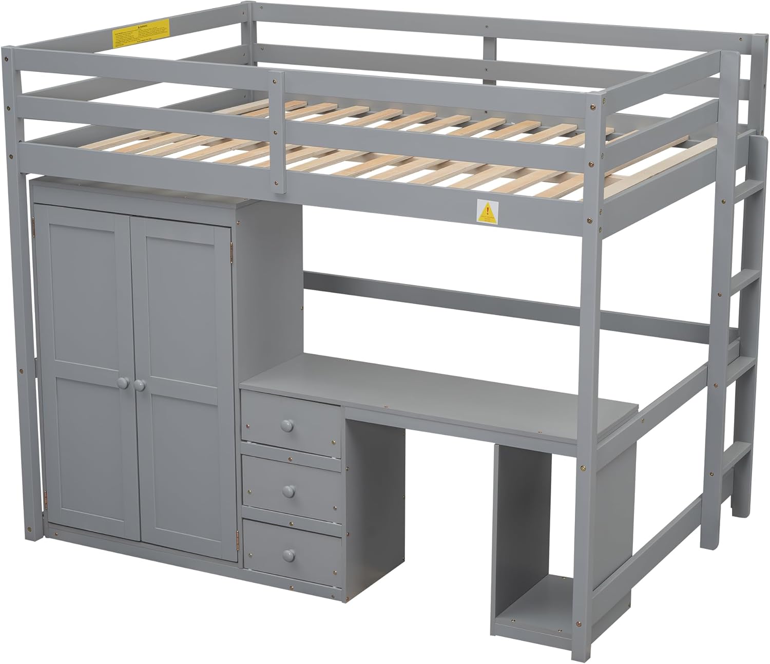 Full Size Loft Bed with Desk & 3 Storage Drawers & Wardrobe Design for Kids Bedroom,Solid Wood Bedframe w/Ladder & Safety Guardrails,No Box Spring Needed & Super Save Space, Gray