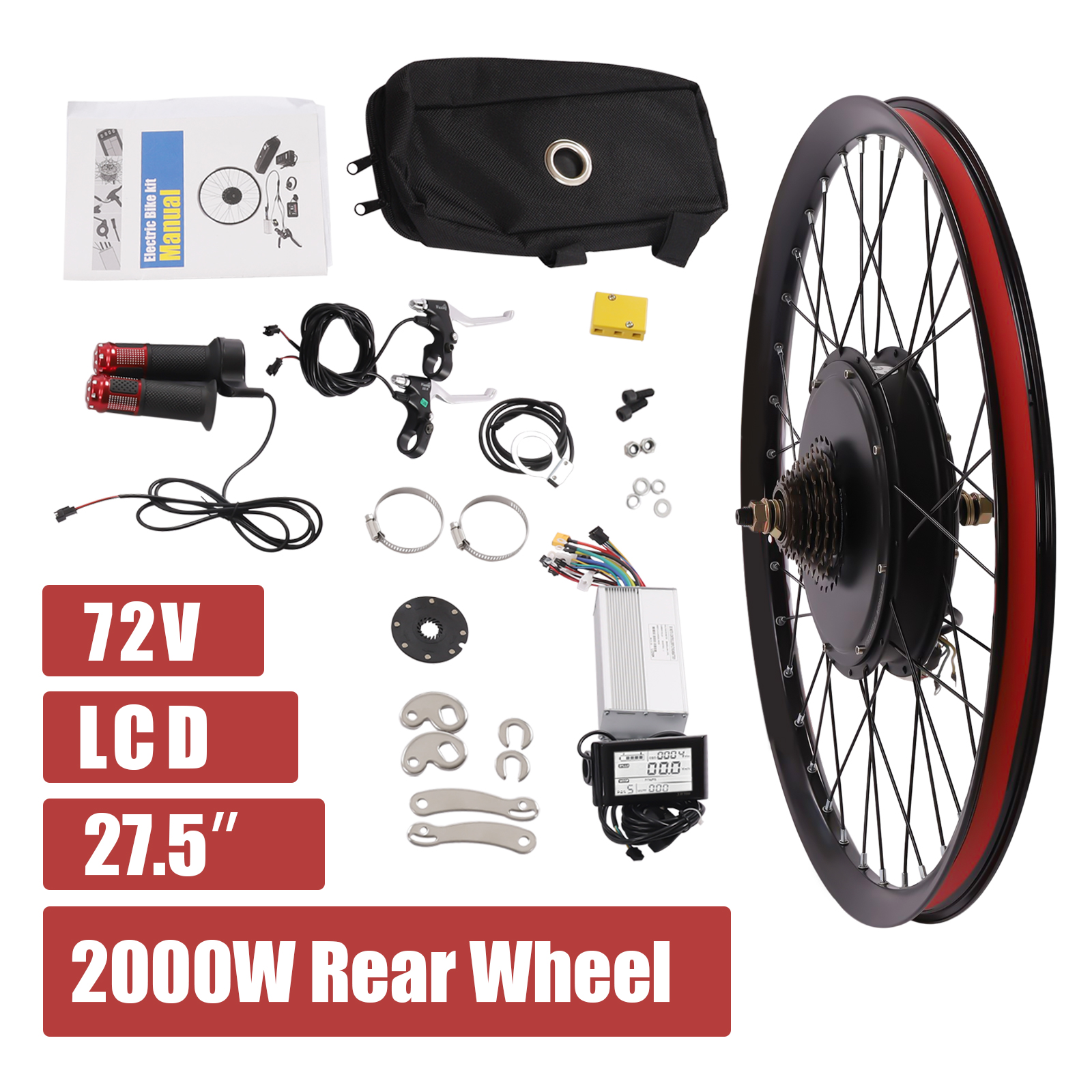 Aiqidi 27.5" Rear Wheel Motor Conversion Kit 72V 2000W Electric Bicycle Wheel Kit LCD Display E-Bike Refitting Set