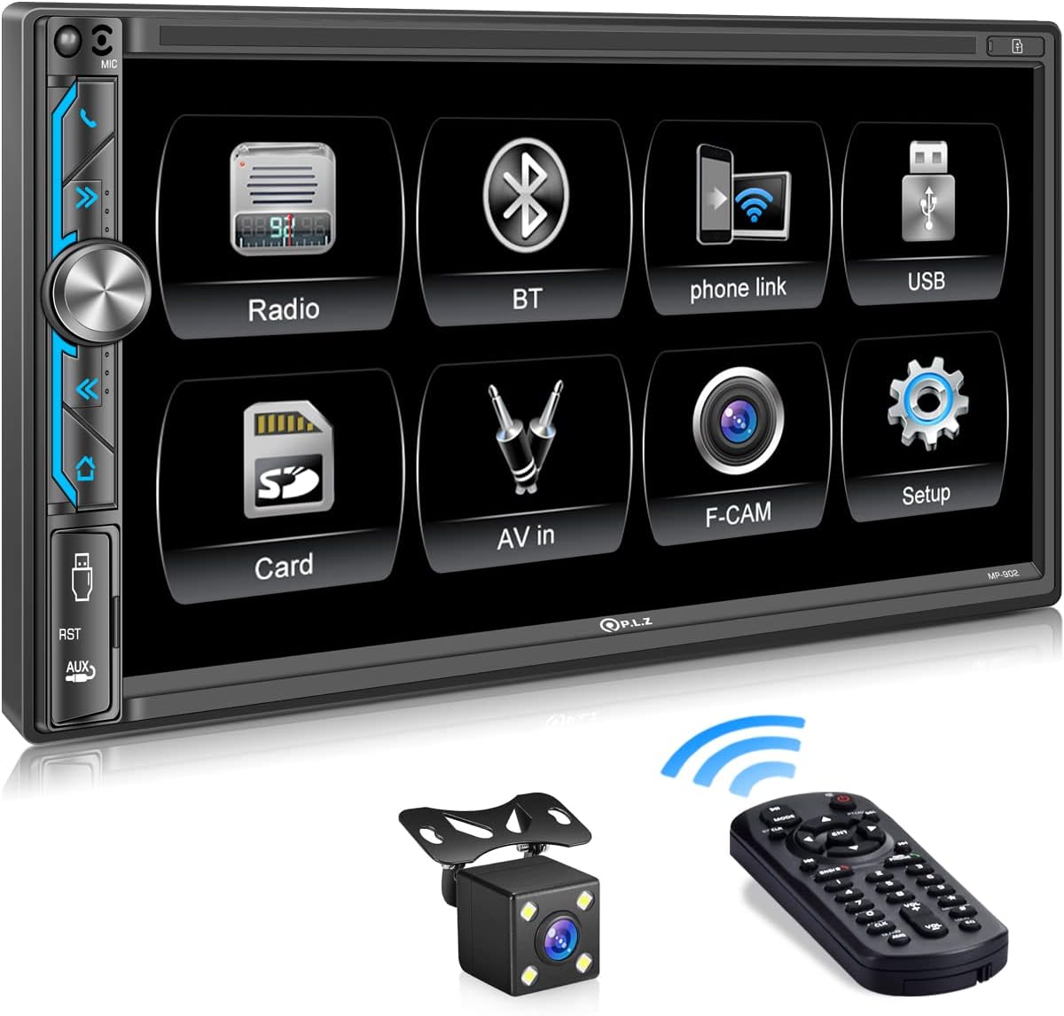 PLZ MP-902 Double Din Car Stereo, 7 Inch Full HD Capacitive Touchscreen Car Radio Receiver with Mirror Link, Bluetooth 5.1, Backup Camera, Steering Wheel Control, Subw, FM/AM Car Radio, USB /TF/AUX