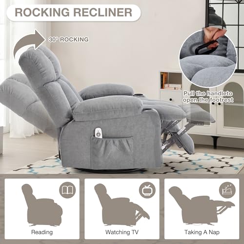 Massage Rocker Recliner Chair with Heat and Vibration Ergonomic Rocking Lounge Chair for Living Room Comfy Overstuffed Recliner with 4 Side Pockets,2 Cup Holders, USB Charge Port, Grey