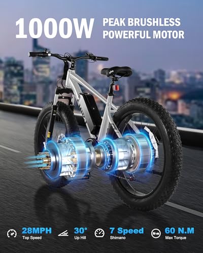 Racer Plus Adult Electric Bicycle, Peak 1000W Motor Electric Bike for Adults, Up to 28MPH 65Miles, 26x4.0 Fat Tire Electric Mountain Bike with 48V 13AH Battery, 7 Speed Front Suspension E Bike