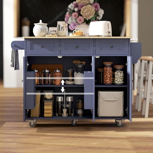 HOMCOM Rolling Kitchen Island with Power Outlet and Drop Leaf, 53" Island Table with Wood Top, 3 Drawers, Adjustable Shelf, Spice & Towel Rack, Kitchen Cart on Wheels, White