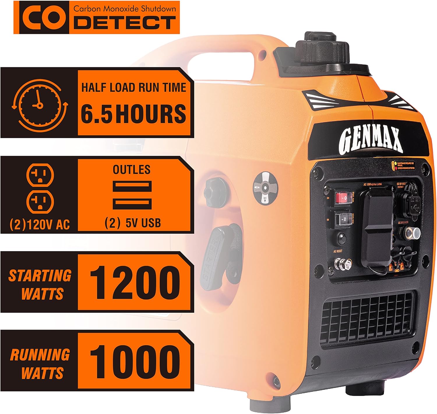GENMAX Quiet Power Series Inverter Generator��Gas Powered, EPA Compliant, Eco-Mode Feature, Ultra Lightweight for Backup Home Use & Camping (GM2200i)