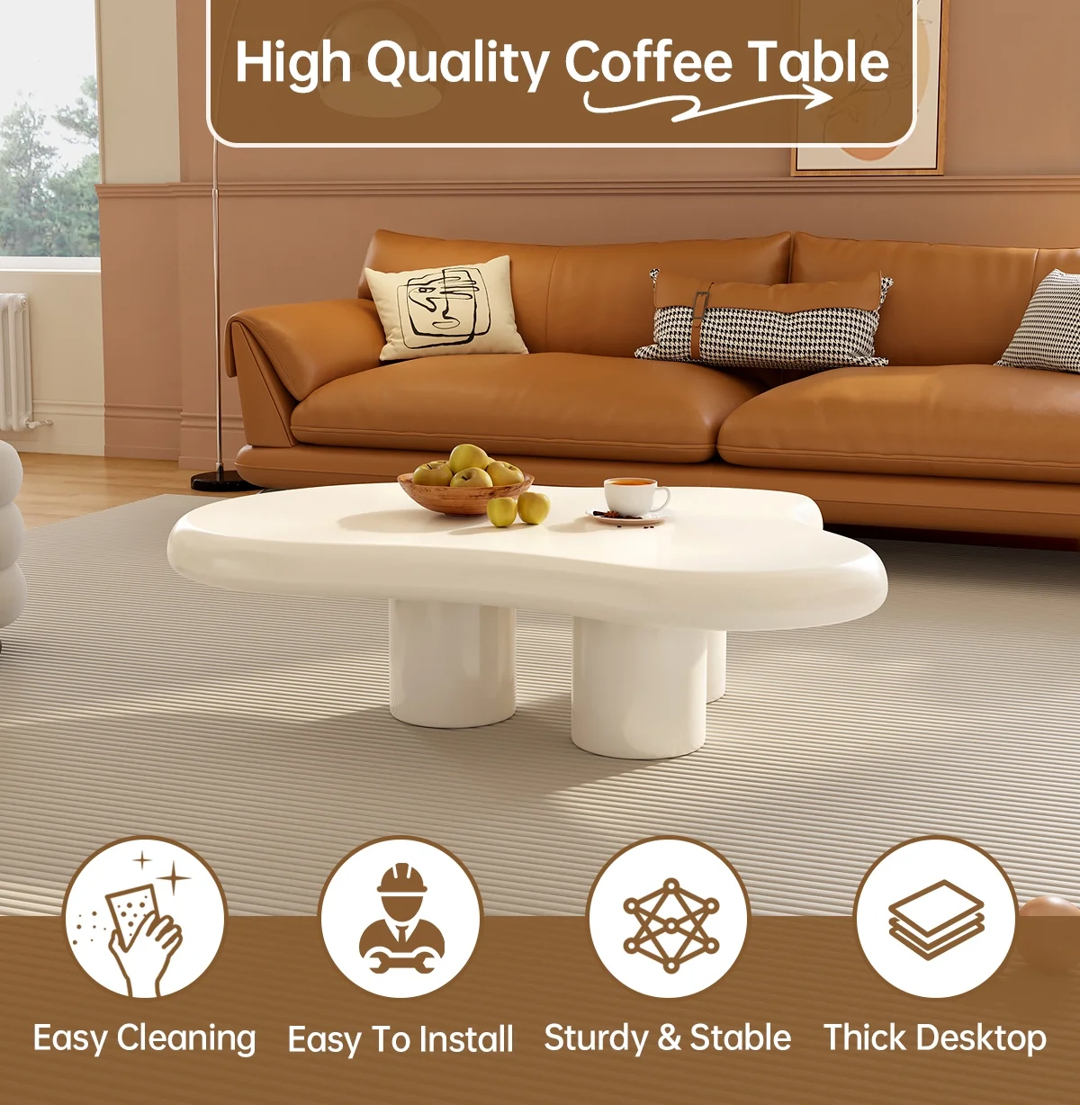 Guyii Cloud Coffee Table, Irregular Coffee Table for Living Room with 3 Legs, White 46.06 Inch