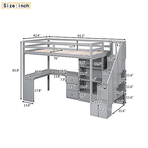 Modern Wooden Full Size Loft Bed with Desk and Shelves,Two Built-in Drawers and Storage Staircase,for Kids Boys Girls Teens Adults Bedroom (Gray@Desk, Full)
