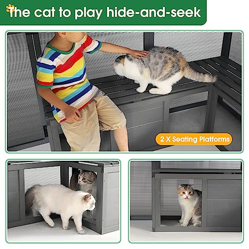 Lovinouse 71 Inch Large Outdoor Cat House, Waterproof Wooden Cats Catio Cat Cage Enclosure with Large Door, Platform and Small House