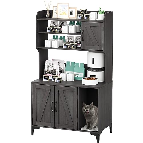 Cat Litter Box Furniture,Hidden Cat Box Enclosure with Shelf Storage, Wood Sturdy Cat Washroom Storage, Indoor Cat House Furniture, Grey