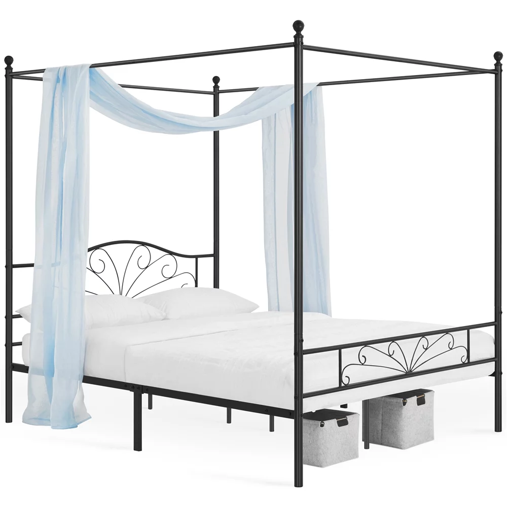 Topeakmart Four-poster Metal Canopy Platform Bed with Arched Headboard and Footboard, Queen Size, Black