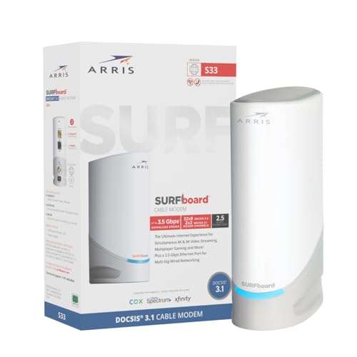 ARRIS (S33) - Cable Modem - Fast DOCSIS 3.1 Multi-Gigabit Cable Modem For Comcast Xfinity, Cox, Spectrum & More 1 & 2.5 Gbps Ports 2.5 Gbps Max Internet Speeds 2 Year Warranty - (No Built-in Wifi)