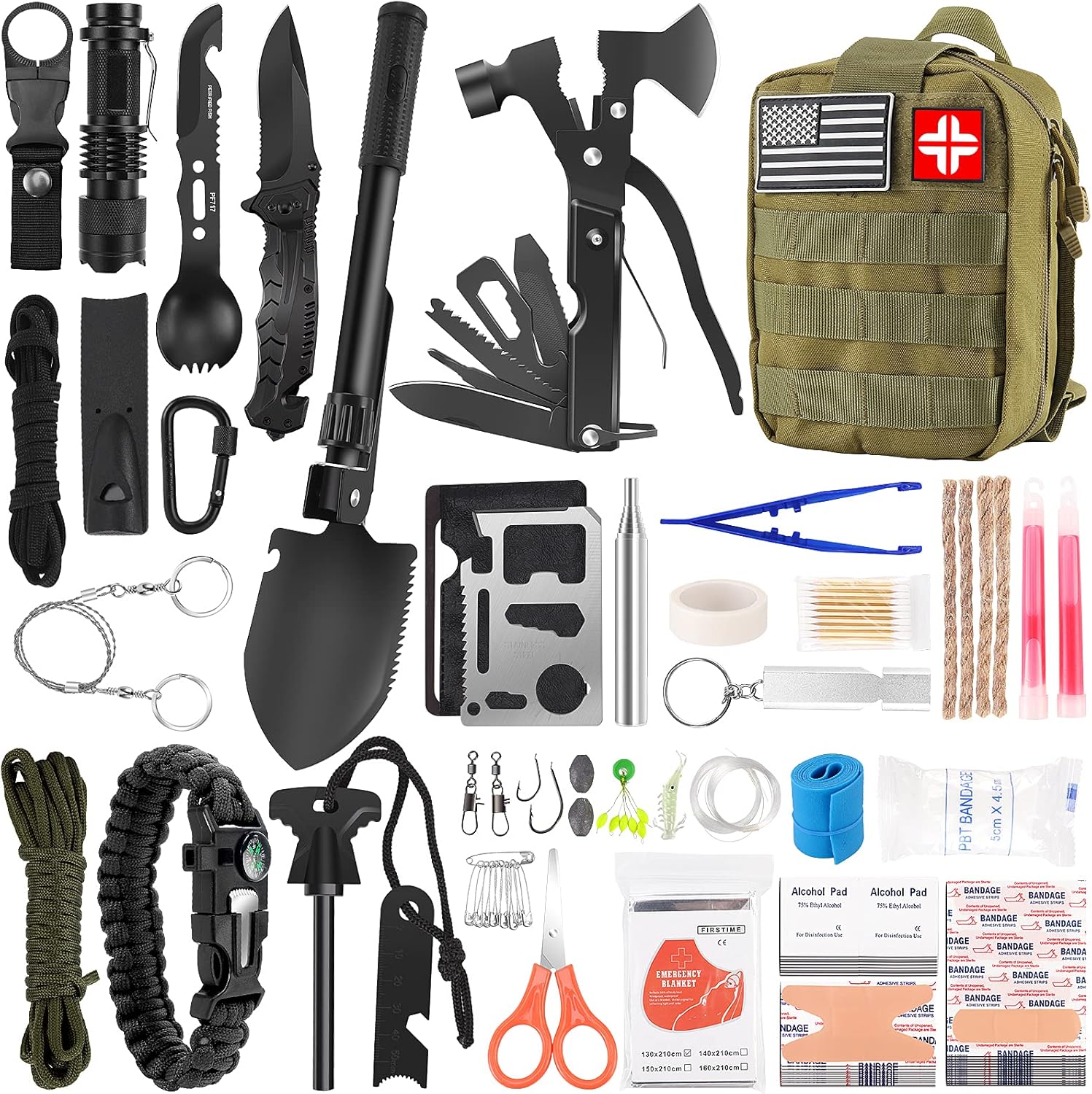 Emergency Survival Kit and First Aid Kit, 142Pcs Professional Survival Gear and Equipment with Molle Pouch, for Men Camping Outdoor Adventure