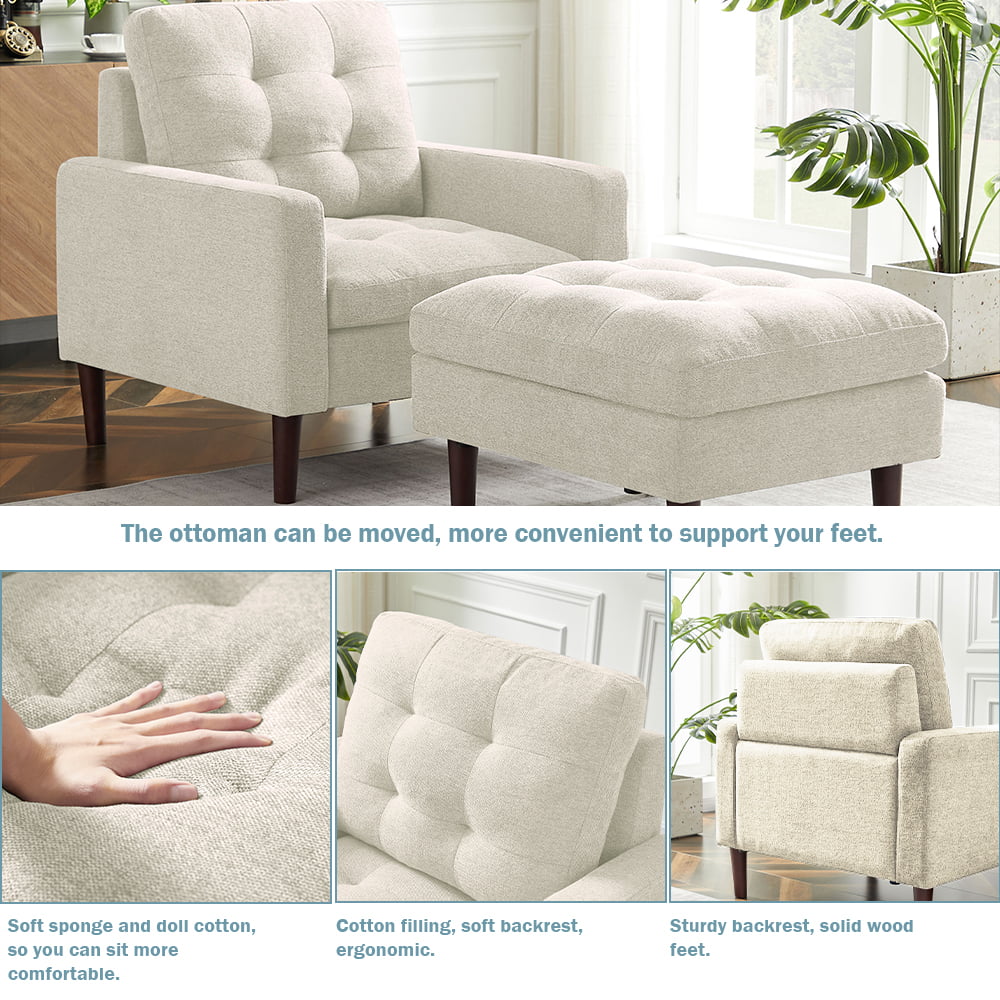 Accent Chair with Ottoman, Modern Fabric Single Sofa Chair, Upholstered Accent Arm Chair with Solid Wood Legs, Accent Chair for Home Office Living Room Bedroom, Beige