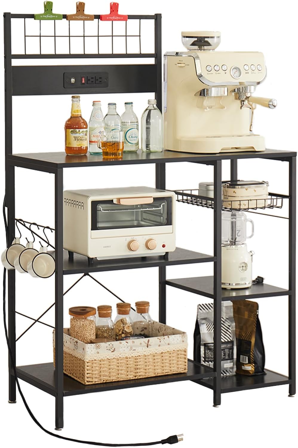 FJU Kitchen Bakers Rack with Power Outlet, Microwave Stand, Kitchen Storage Rack with Wire Basket, 6 Hooks, Kitchen Shelves for Spices, Pots, and Pans, Black