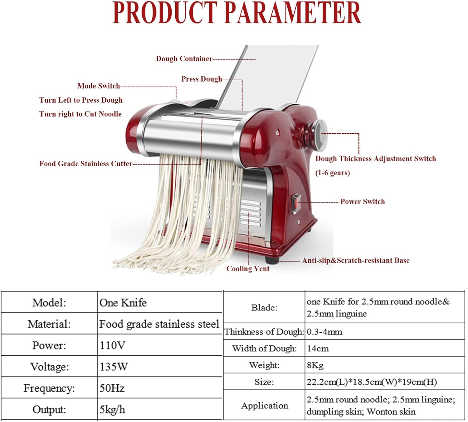 Electric Pasta Maker, Household Noodle Making Machine Dough Spaghetti Roller Pressing Machine with 2.5mm Noodle Cutter, Stainless Steel, 135W 5Kg/H Output for Commercial & Homemade Use