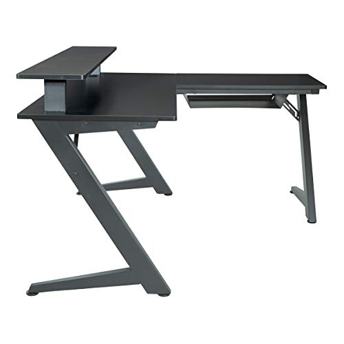 OSP Home Furnishings Avatar Battlestation L-Shape Gaming Desk with Bluetooth RGB LED Lights and Carbon Fiber Surface, Red