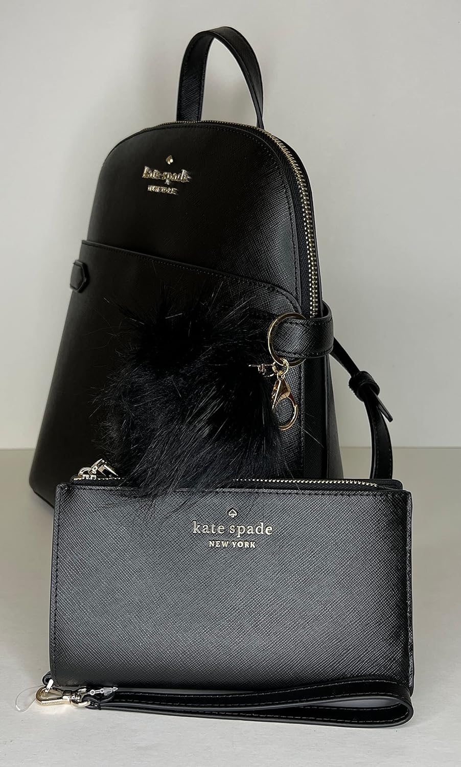 Kate Spade New York Staci Dome Backpack bundled with matching Staci Phone Wristlet and Fur Pom (Black)