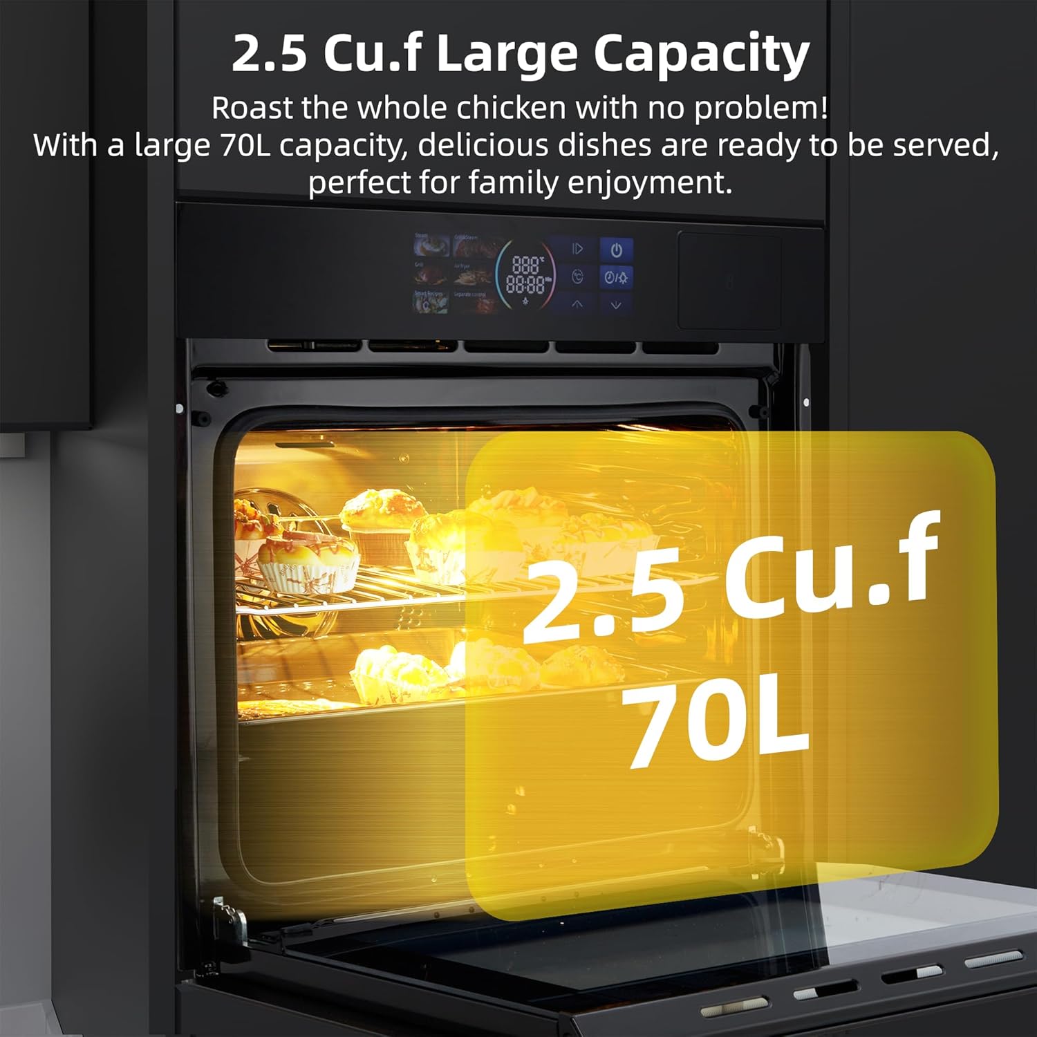 24" Built-in Electric Wall Oven, 2.5Cu.ft Capacity 3000W Single Wall Oven with Large View Window, Steam &Grill Oven 2 in1，8 Cooking Functions, 3D Surround Heating, Colorful LED Screen, Black