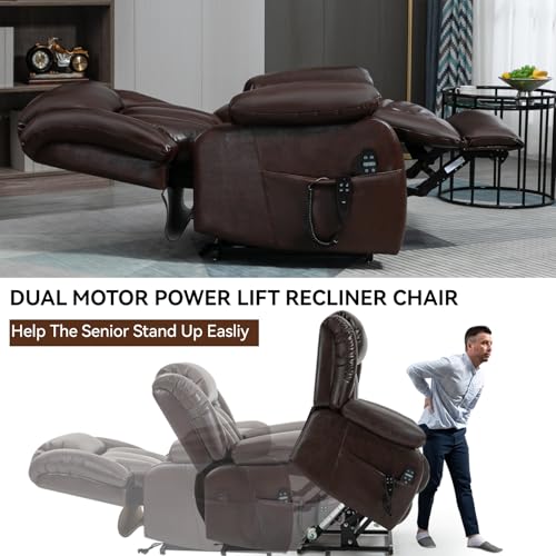 Lay Flat Lift Recliner Chair - Dual Motor Leather Electric Power Lift Chair with Massage & Lumbar Heating for Elderly People, Home Theater Single Seating Sofa Chair (Leather, Black)
