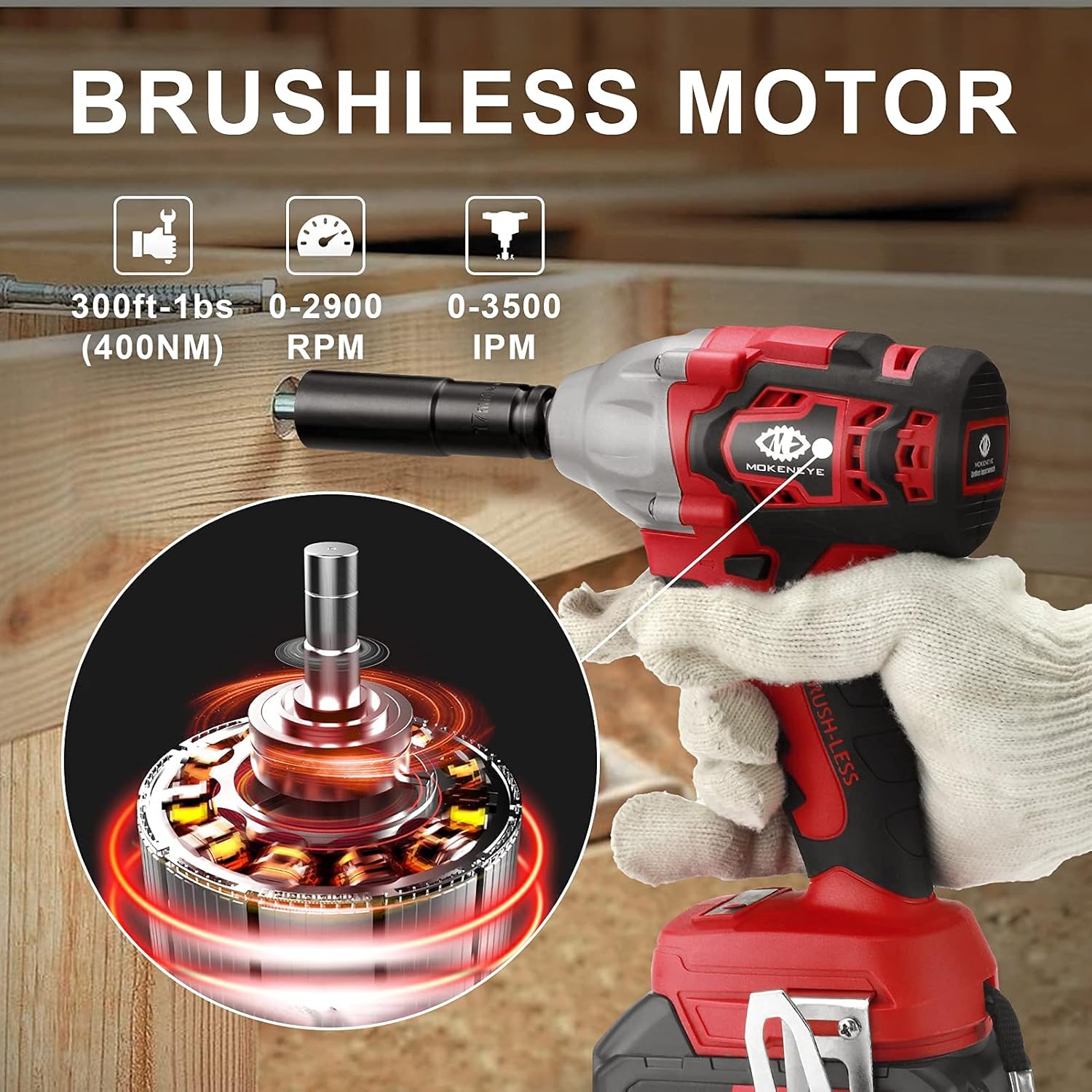 MOKENEYE 20V Cordless Brushless Impact Wrench with 4.0 Ah Battery, 300 Ft-lbs Torque, 3-Speed up to 2900 RPM, 6 Impact Sockets, 1/2 Inch Battery Powered Impact Wrench for Car Tires