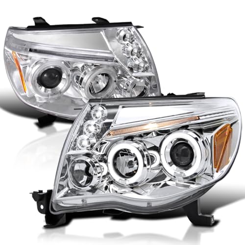 SPEC-D TUNING LED Halo Chrome Housing Clear Lens Projector Headlights Lamps Compatible with 2005-2011 Toyota Tacoma, Left + Right Pair Headlamps Assembly