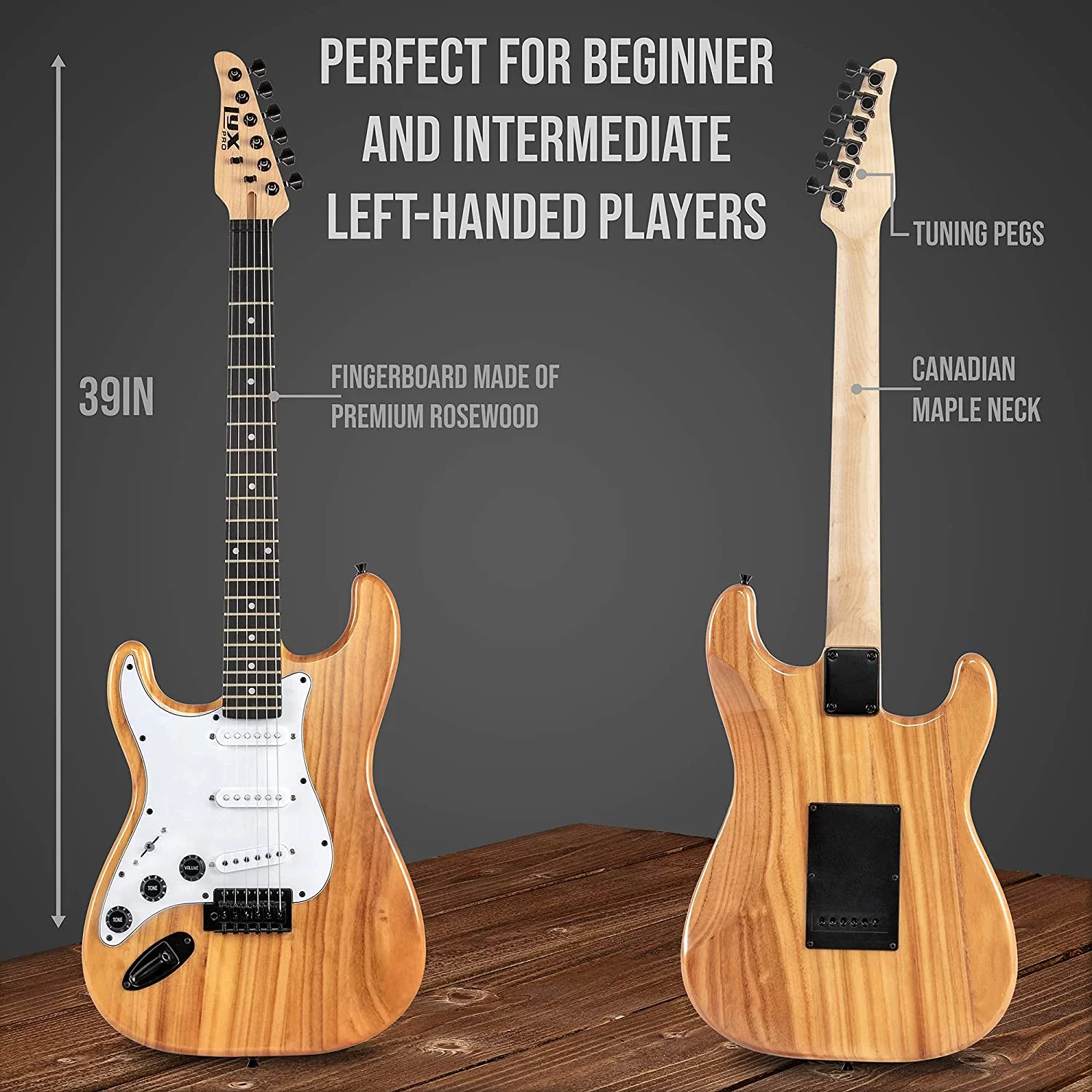LyxPro Left Handed 39” Electric Guitar & Electric Guitar Accessories, Natural