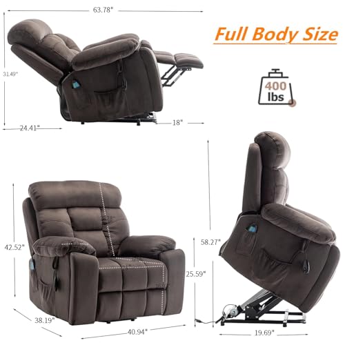 Power Recliner Lift Chair for Elderly - Extra Wide Recliner Lift Chair with Heat and Massage Suit for Big and Tall Man, Lay Flat Recliner Chairs for Elderly, Remote Control (Brown)