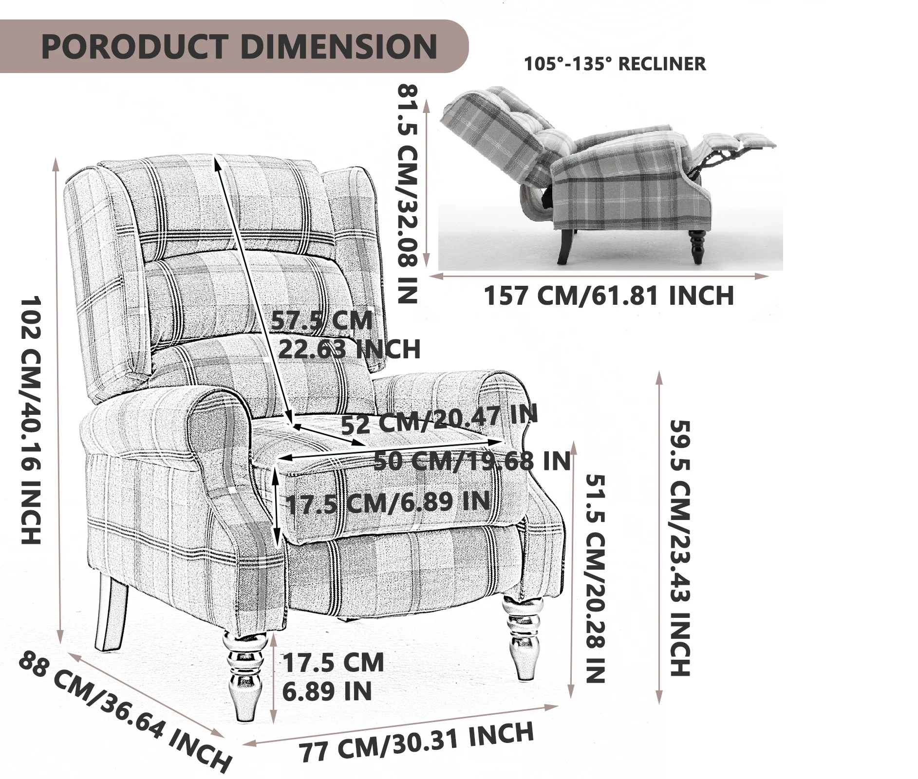 Upholstered Wingback Recliner Chair, Plaid Recliner Chair Armchair Adjustable Footrest Push Back Reclining Sofa, Mid Century Modern Lounge Armchair for Living Room, Bedroom, Reading -- Natural