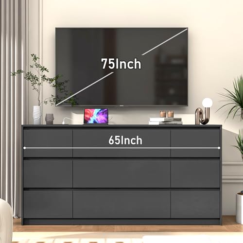 White Dresser for Bedroom, Modern 9 Drawer Dresser with Charging Station, 63 Inch Large Wood Chest of Drawers Handle Free, Long Dresser for Bedroom, Living Room, Entryway, Hallway