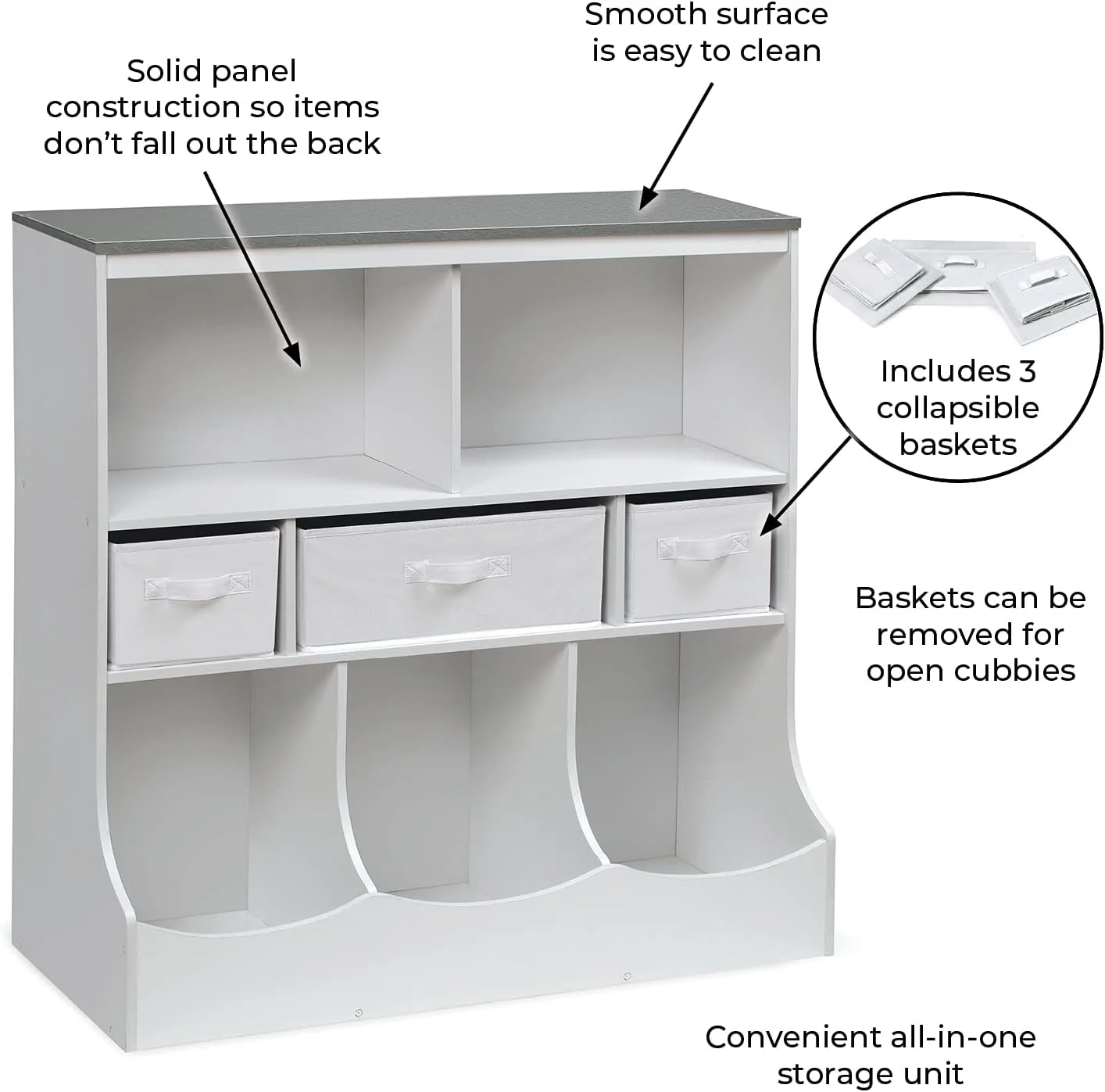 WAGEE Combo Bin Toy Storage Unit and Book Shelf for Kids with 3 Baskets - White/Gray